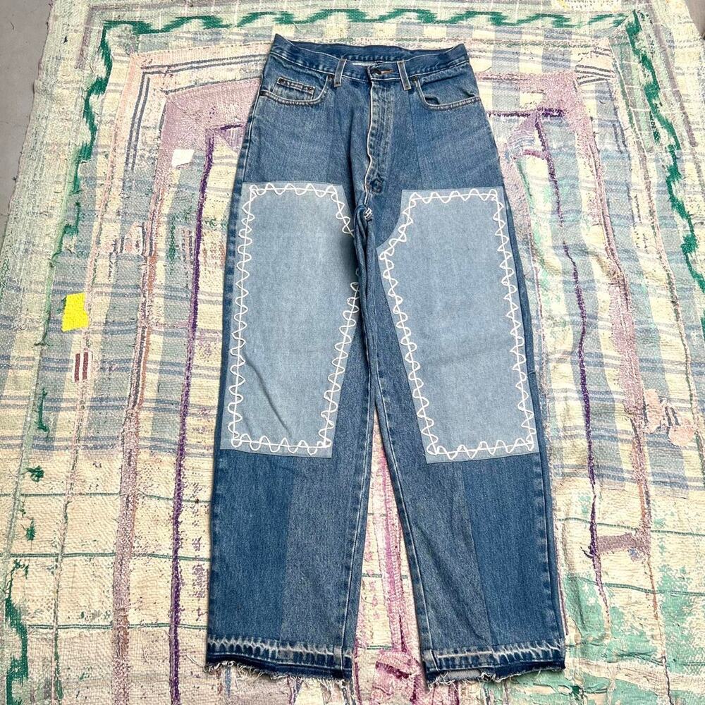 Custom Upcycled double knee jeans with Sashiko hand stitching 30x29